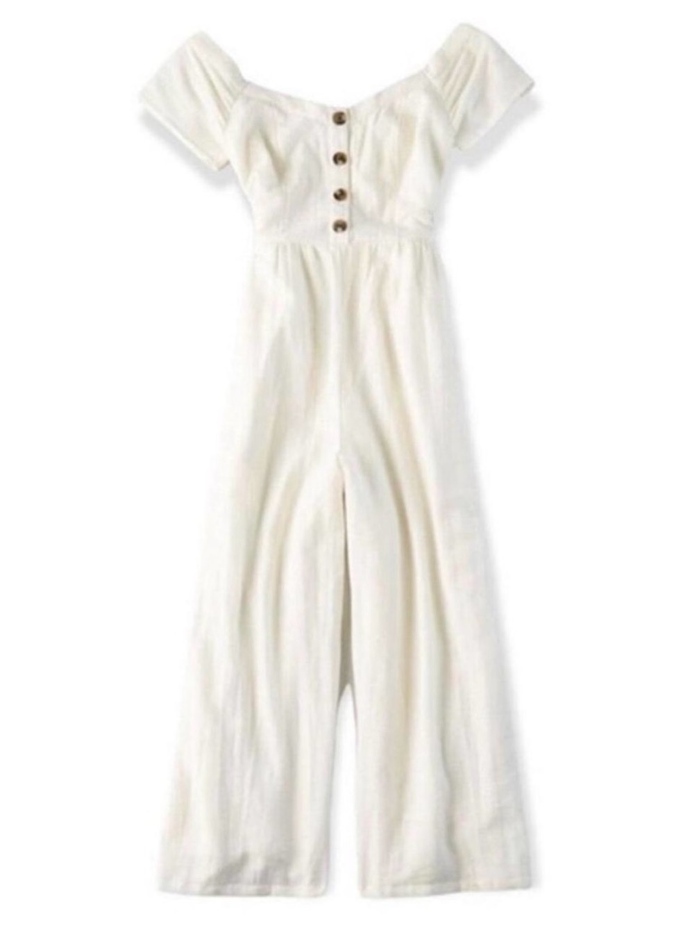 American Eagle Linen Blend Jumpsuit Cream Wide Leg Button Front Cropped Leg Sz M - Picture 2 of 5